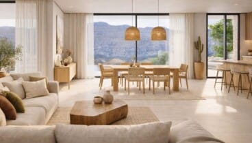 Salón de Villa Azalea luminoso con vistas abiertas al Montgó