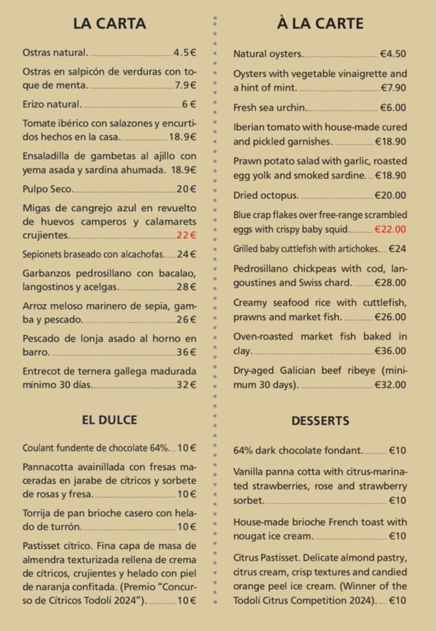 Abbildung: Ca Seko, die Speisekarte und die Desserts