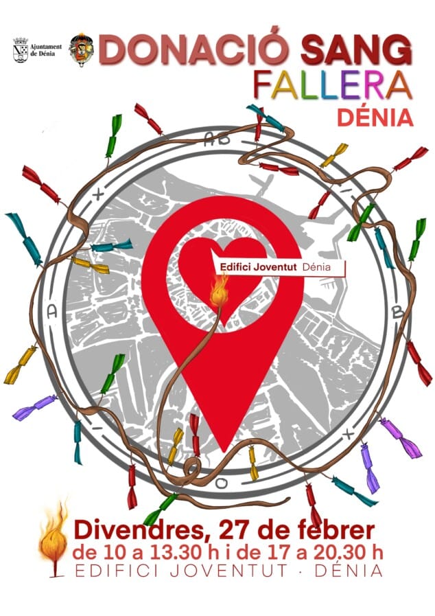 De Fallas van Dénia zullen zich opnieuw mobiliseren voor bloeddonatie, waarvoor een wimpel zal worden uitgereikt. Afbeelding: Poster voor bloeddonatie op het Fallas-festival in Dénia.