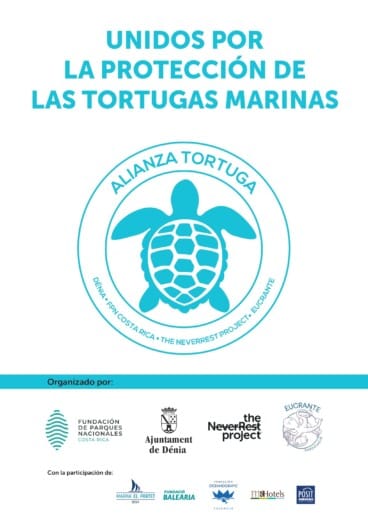 Diseño gráfico de la Alianza Tortuga con el emblema conjunto de Dénia y Costa Rica y las entidades organizadoras y colaboradoras