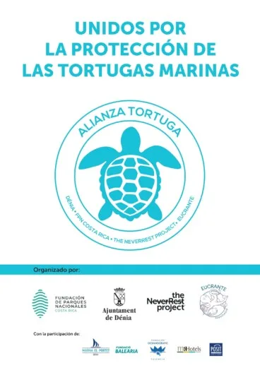 Diseño gráfico de la Alianza Tortuga con el emblema conjunto de Dénia y Costa Rica y las entidades organizadoras y colaboradoras