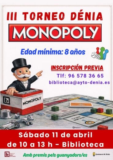 Cartel del III Torneo de Monopoly Dénia en la Biblioteca Juan Chabás