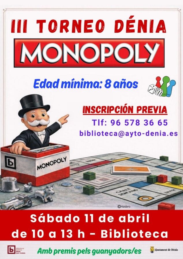Imagen: Cartel del III Torneo de Monopoly Dénia a celebrarse el 11 de abril en la Biblioteca Juan Chabás.