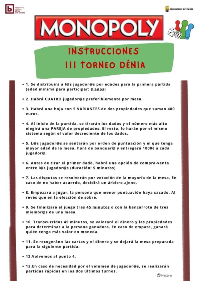 Imagen: Cartel con las reglas e instrucciones completas del III Torneo de Monopoly organizado por la Biblioteca de Dénia.