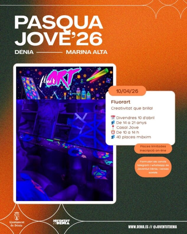 Imagen: Cartel del taller de pintura fluorescente 'Fluorart' para jóvenes en Dénia, Pascua 2026.