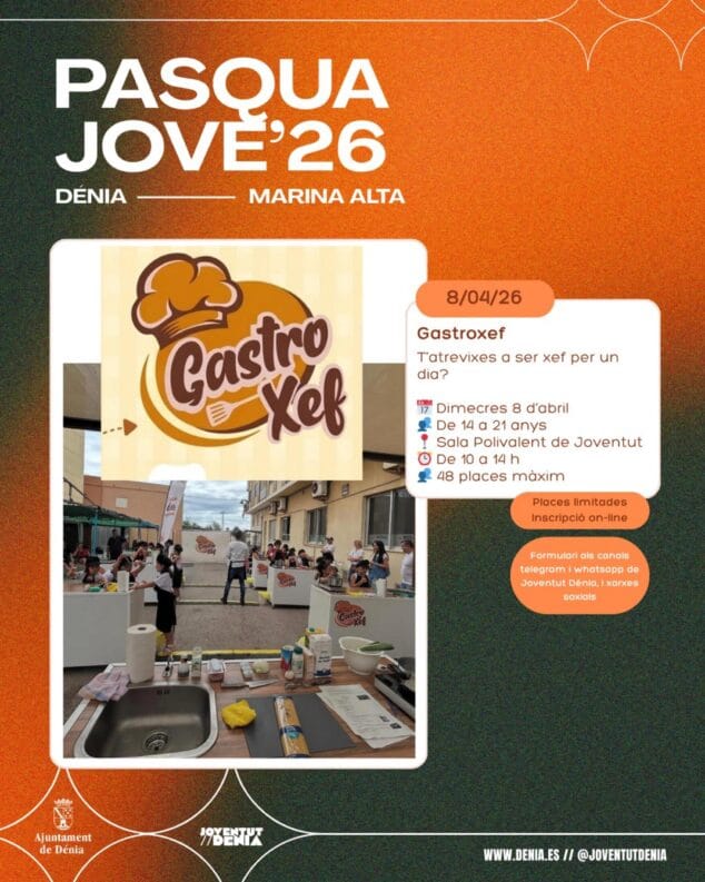 Imagen: Cartell promocional del taller de cuina Gastroxef per a joves a Dénia durant Pasqua 2026, amb joves cuinant.