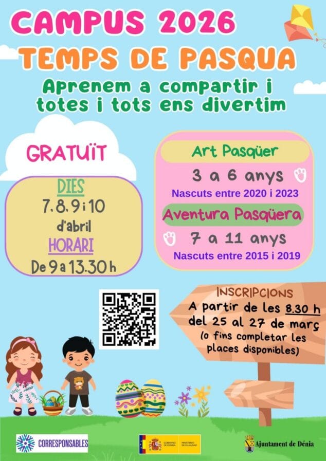 Imagen: Cartel del Campus de Pasqua 2026 del Ayuntamiento de Dénia con información sobre actividades gratuitas para niños de 3 a 11 años en Semana Santa.