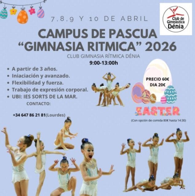 Imagen: Cartel del Campus de Pascua Gimnasia Rítmica Dénia 2026 con información y fotos de gimnastas.