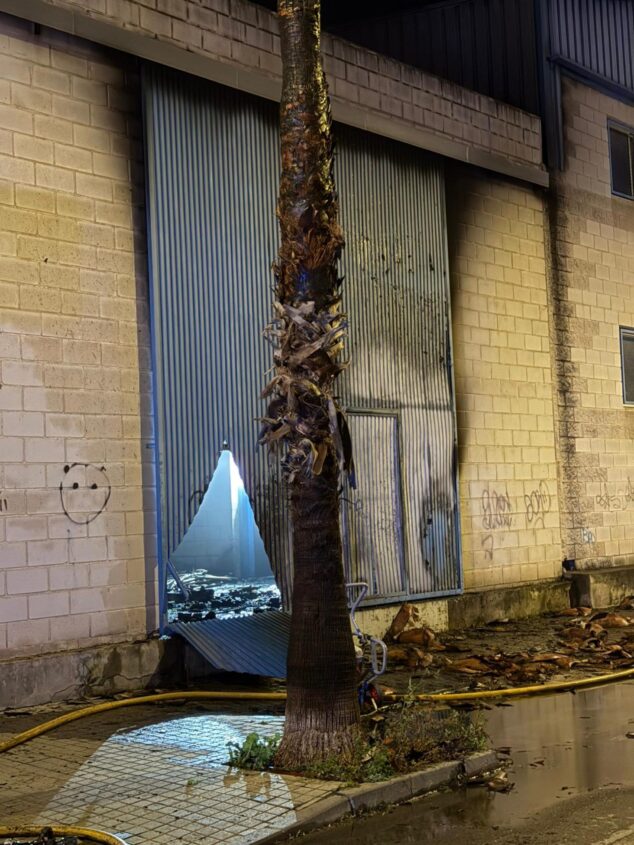 Una palmera arde en plena noche en Dénia y el fuego se extiende a una nave 4 Imagen: Entrada dañada de la fábrica Plastimyr con una palmera quemada enfrente y mangueras de bomberos en el suelo tras un incendio nocturno.