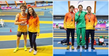 Collage de fotos mostrando a la selección española de atletismo, a Saúl Delgado y Aina Fornés juntos, y un podio de premiación en Zaragoza.