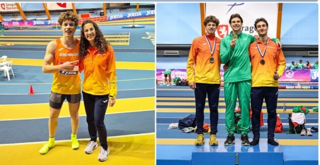 Collage de fotos mostrando a la selección española de atletismo, a Saúl Delgado y Aina Fornés juntos, y un podio de premiación en Zaragoza.