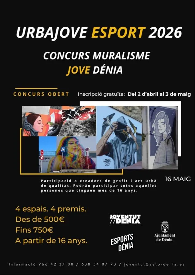 Afbeelding: Poster voor de Urbajove 2026 muurschilderingswedstrijd in Dénia met informatie over data, prijzen en voorbeelden van stadskunst.
