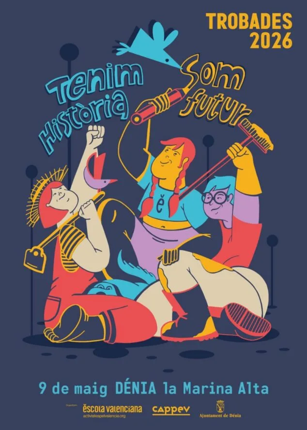El Diluvi y Flashy Ice Cream en Dénia: así queda el cartel definitivo tras la baja de última hora 3 Imagen: Cartel ilustrado de las Trobades 2026 en Dénia con el lema 'Tenim Història Som futur', la fecha 9 de mayo y los logos de los organizadores.