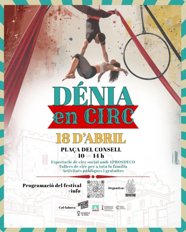 Imagen: Cartel del festival de circo 'Dénia en circ' con información del evento y una imagen de dos acróbatas aéreos.