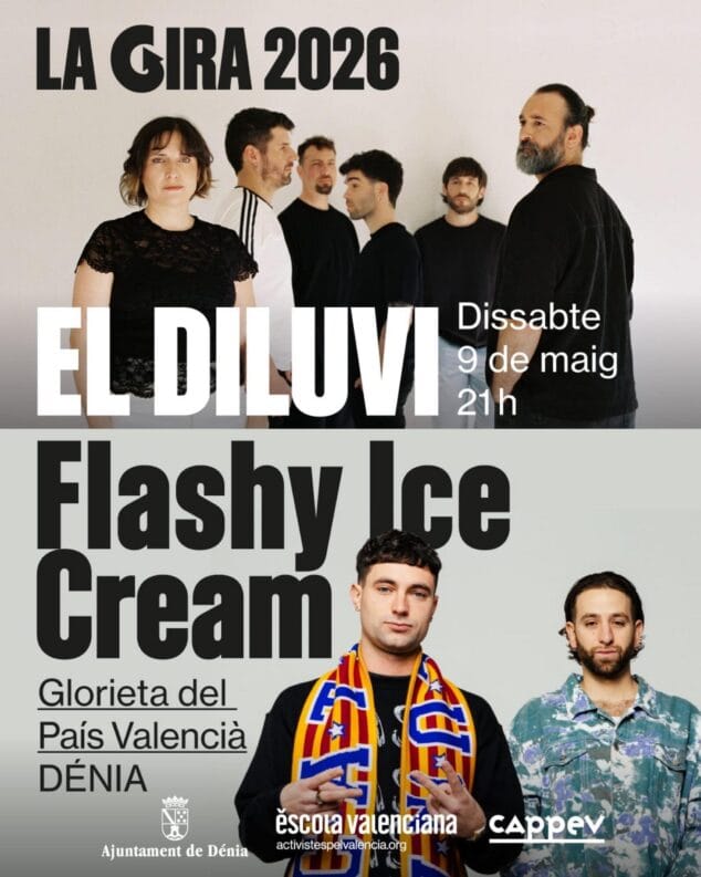 Imagen: Cartel del concierto de La Gira 2026 en Dénia con los grupos El Diluvi y Flashy Ice Cream, fecha 9 de mayo y ubicación Glorieta del País Valencià.