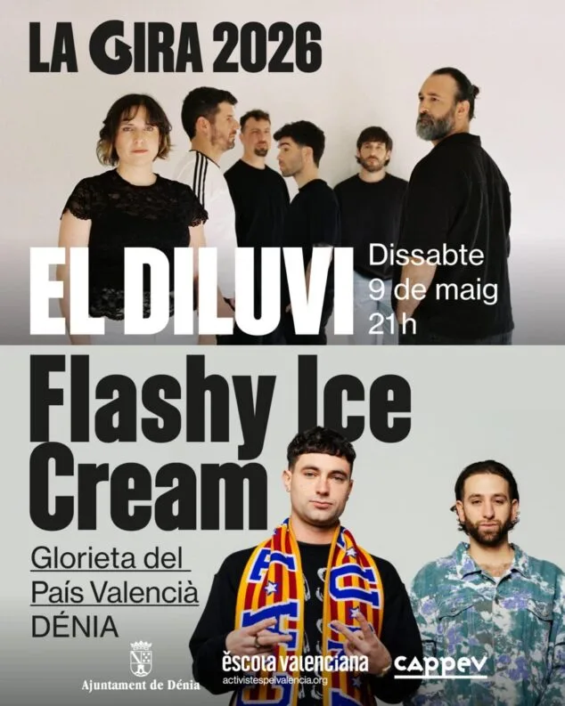 El Diluvi y Flashy Ice Cream en Dénia: así queda el cartel definitivo tras la baja de última hora 1 Imagen: Cartel del concierto de La Gira 2026 en Dénia con los grupos El Diluvi y Flashy Ice Cream, fecha 9 de mayo y ubicación Glorieta del País Valencià.