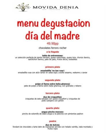 Menú para el Día de la Madre en Movida Dénia
