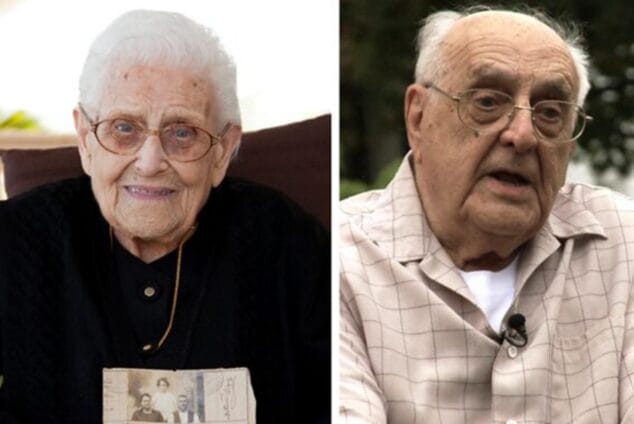 Bild: Fotografie der älteren Tonica Signes, die ein altes Foto in der Hand hält, und John Signes, der in ein Mikrofon spricht; Aussagen aus dem Dokumentarfilm über die valencianische Auswanderung.