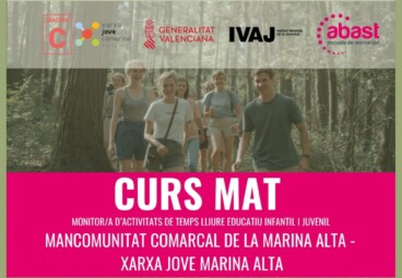 Cartel del Curs MAT de monitor de actividades de tiempo libre en la Marina Alta, con fechas, precio y requisitos.