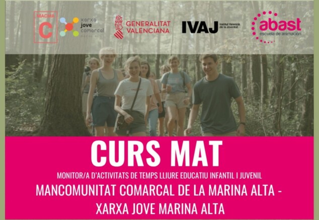 Cartel del Curs MAT de monitor de actividades de tiempo libre en la Marina Alta, con fechas, precio y requisitos.