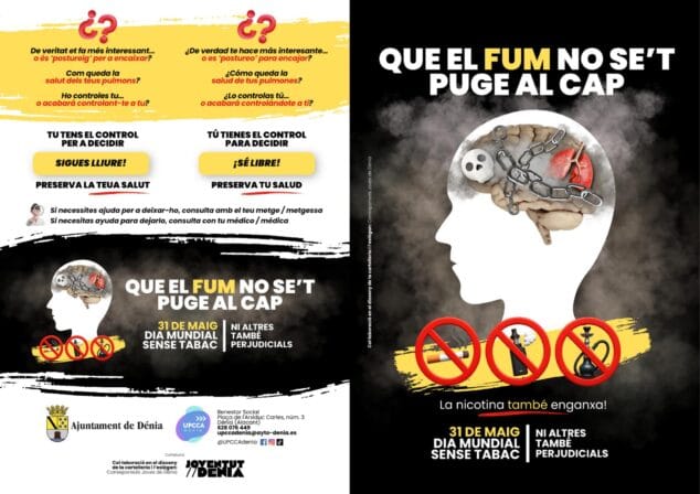 Imagen: Cartel de la campaña del Día Mundial sin Tabaco en Dénia, con una ilustración de un cerebro encadenado por el humo y logotipos del Ayuntamiento y la UPCA.