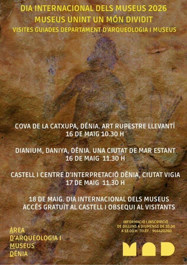 Imagen: Cartel informativo sobre las actividades del Día Internacional de los Museos 2026 en Dénia, con fondo de arte rupestre.