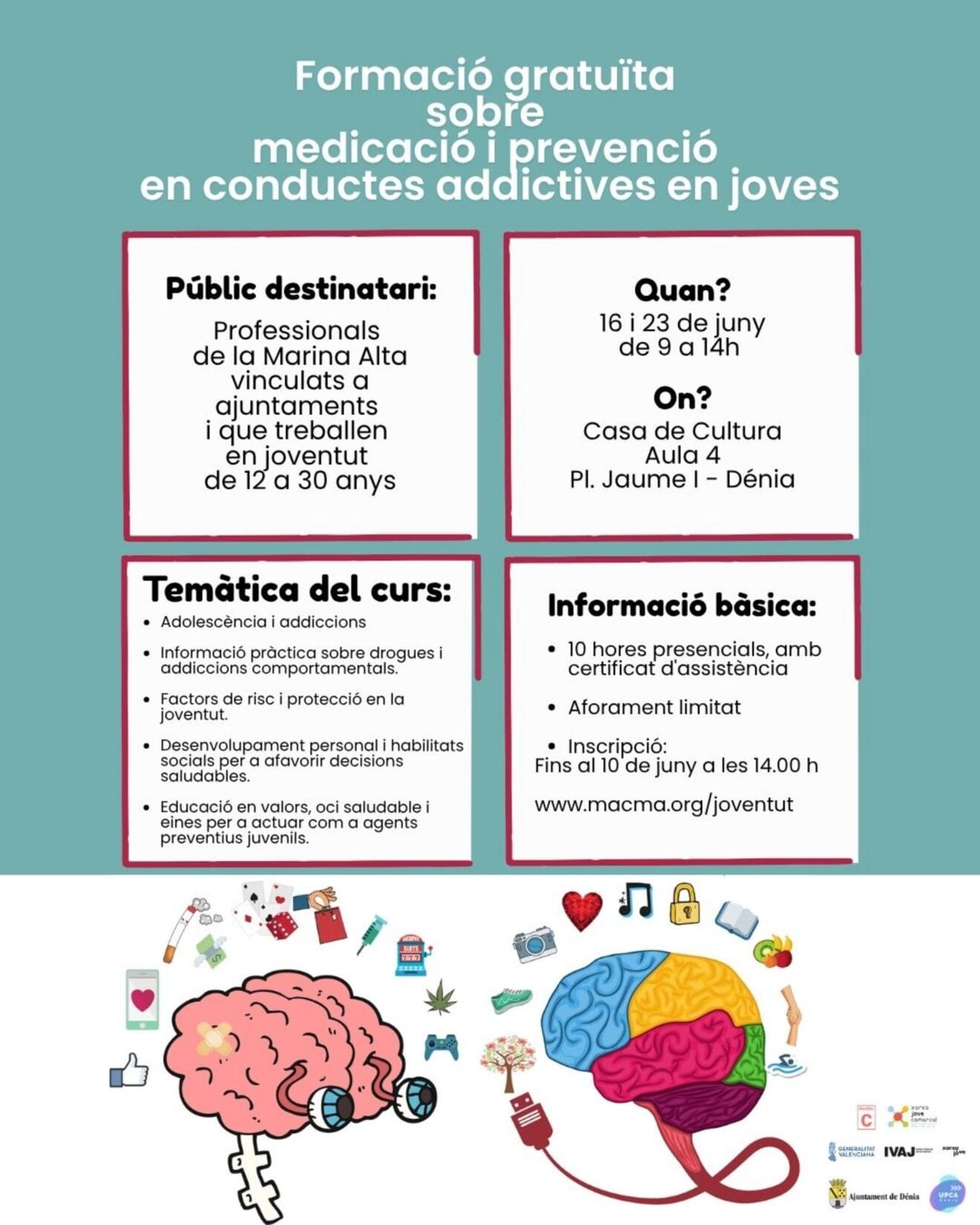 Cartel informativo del curso de prevención de adicciones para profesionales de la Marina Alta