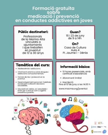 Cartel informativo del curso de prevención de adicciones para profesionales de la Marina Alta