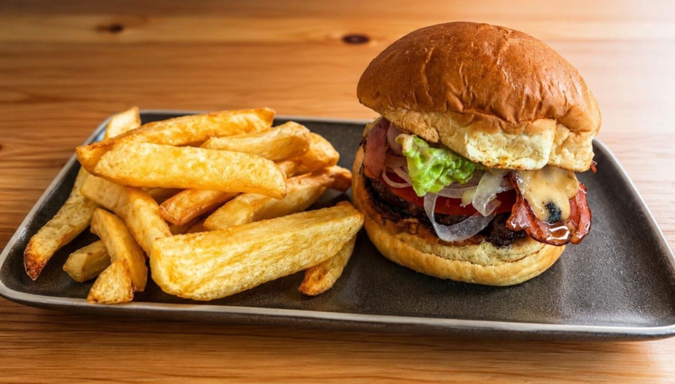 Hamburguesa con patatas caseras en Dénia
