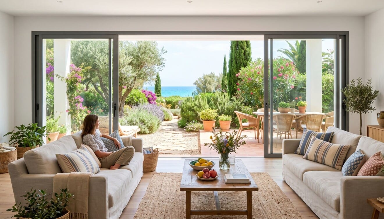 Salón con grandes ventanales de aluminio abiertos, frente un jardín mediterráneo