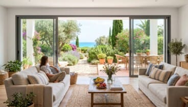 Salón con grandes ventanales de aluminio abiertos, frente un jardín mediterráneo