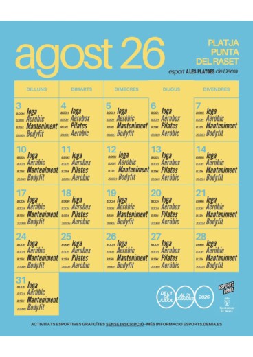 Calendario de entrenamientos y horarios en la playa de la Punta del Raset durante agosto