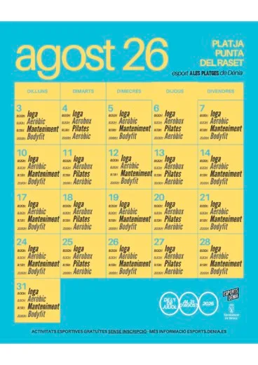 Calendario de entrenamientos y horarios en la playa de la Punta del Raset durante agosto