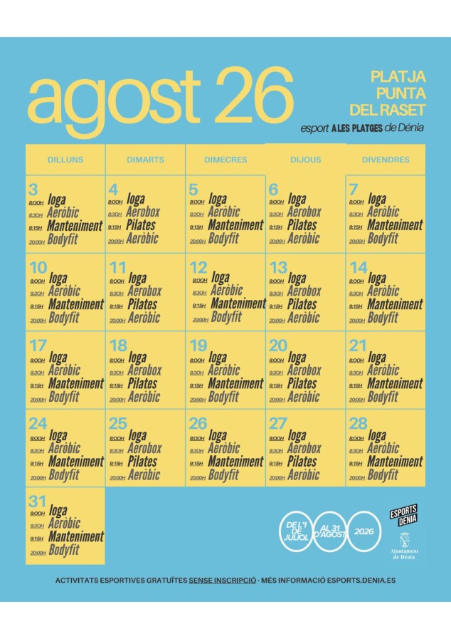 calendario de entrenamientos y horarios en la playa de la punta del raset durante agosto