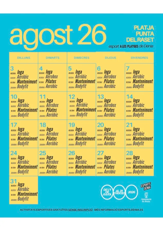 Yoga, aeróbic y pilates, entre las opciones gratuitas en las playas de Dénia desde julio 4 calendario de entrenamientos y horarios en la playa de la punta del raset durante agosto