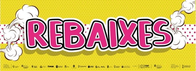 Dénia lanza una campaña para impulsar el valencià en el comercio durante las rebajas 2 Imagen: Cartel de estilo cómic con la palabra 'REBAIXES' y logos de la Generalitat y ayuntamientos valencianos.
