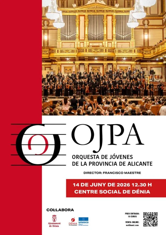 La Orquesta de Jóvenes de la Provincia de Alicante debuta en Dénia con un concierto previo a su gira por Viena 3 Imagen: Cartel del concierto de la OJPA en Dénia el 14 de junio de 2026