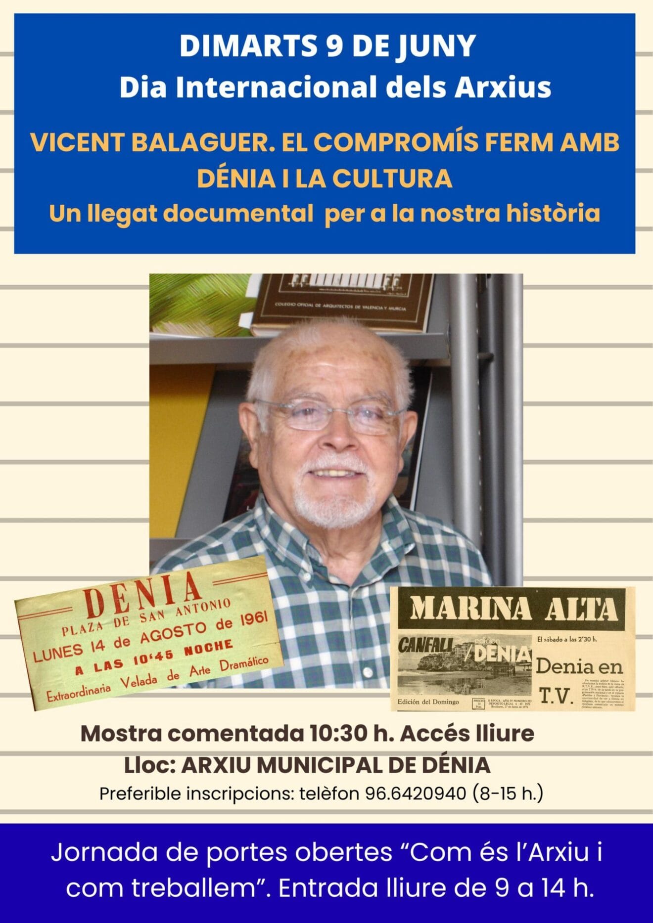 Cartel del Día Internacional de los Archivos en Dénia dedicado a Vicent Balaguer