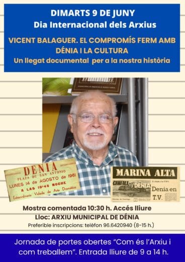 Cartel del Día Internacional de los Archivos en Dénia dedicado a Vicent Balaguer