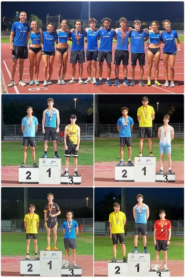 Imagen: Collage de fotos mostrando un grupo de atletas y varios podios con medallistas del club de atletismo.