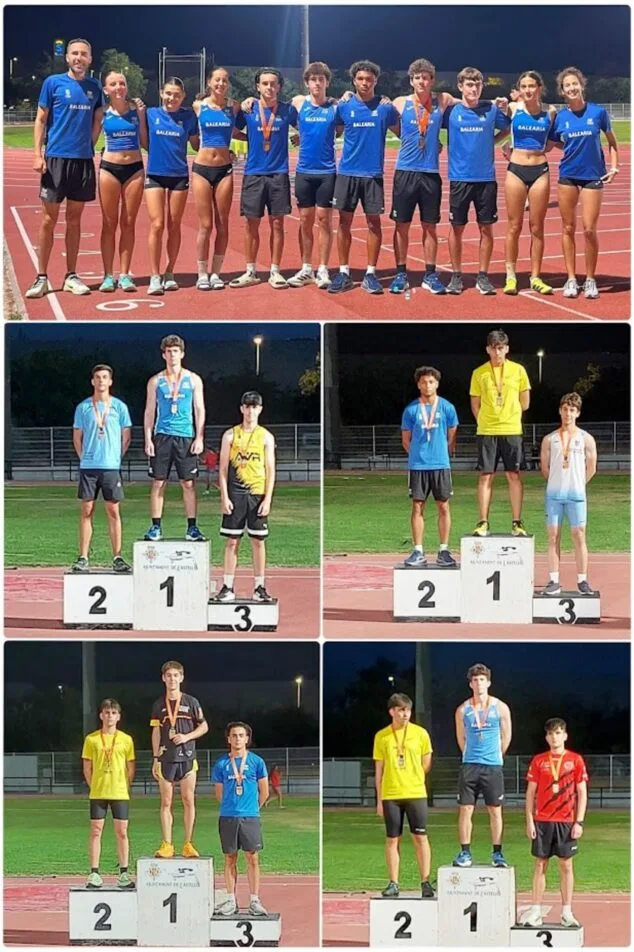 El C.A. Baleària Diànium en la cima: múltiples podios autonómicos y Saúl Delgado como mejor deportista de Dénia 3 Imagen: Collage de fotos mostrando un grupo de atletas y varios podios con medallistas del club de atletismo.