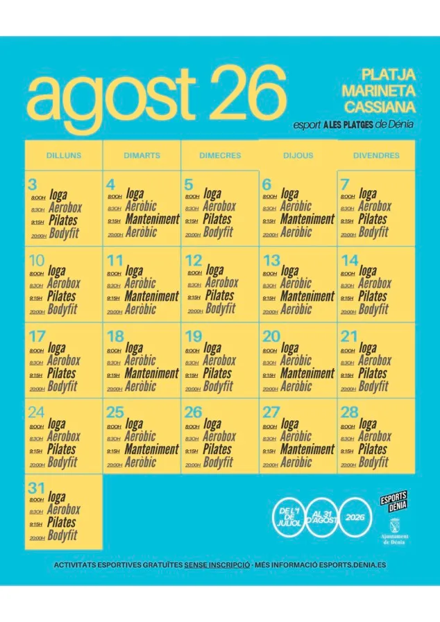 Yoga, aeróbic y pilates, entre las opciones gratuitas en las playas de Dénia desde julio 5 cuadrante de actividades fisicas dirigidas en la marineta cassiana para el mes de agosto