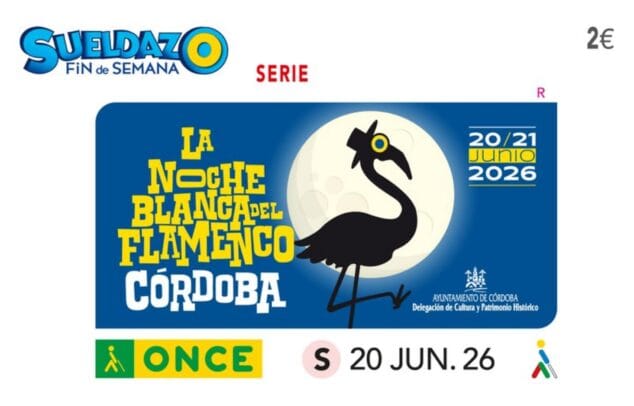 La ONCE reparte 100.000 euros en Dénia 1 Imagen: Cupón del Sueldazo Fin de Semana de la ONCE del 20 de junio de 2026, ilustrado con un flamenco y la luna, dedicado a 'La Noche Blanca del Flamenco' de Córdoba.