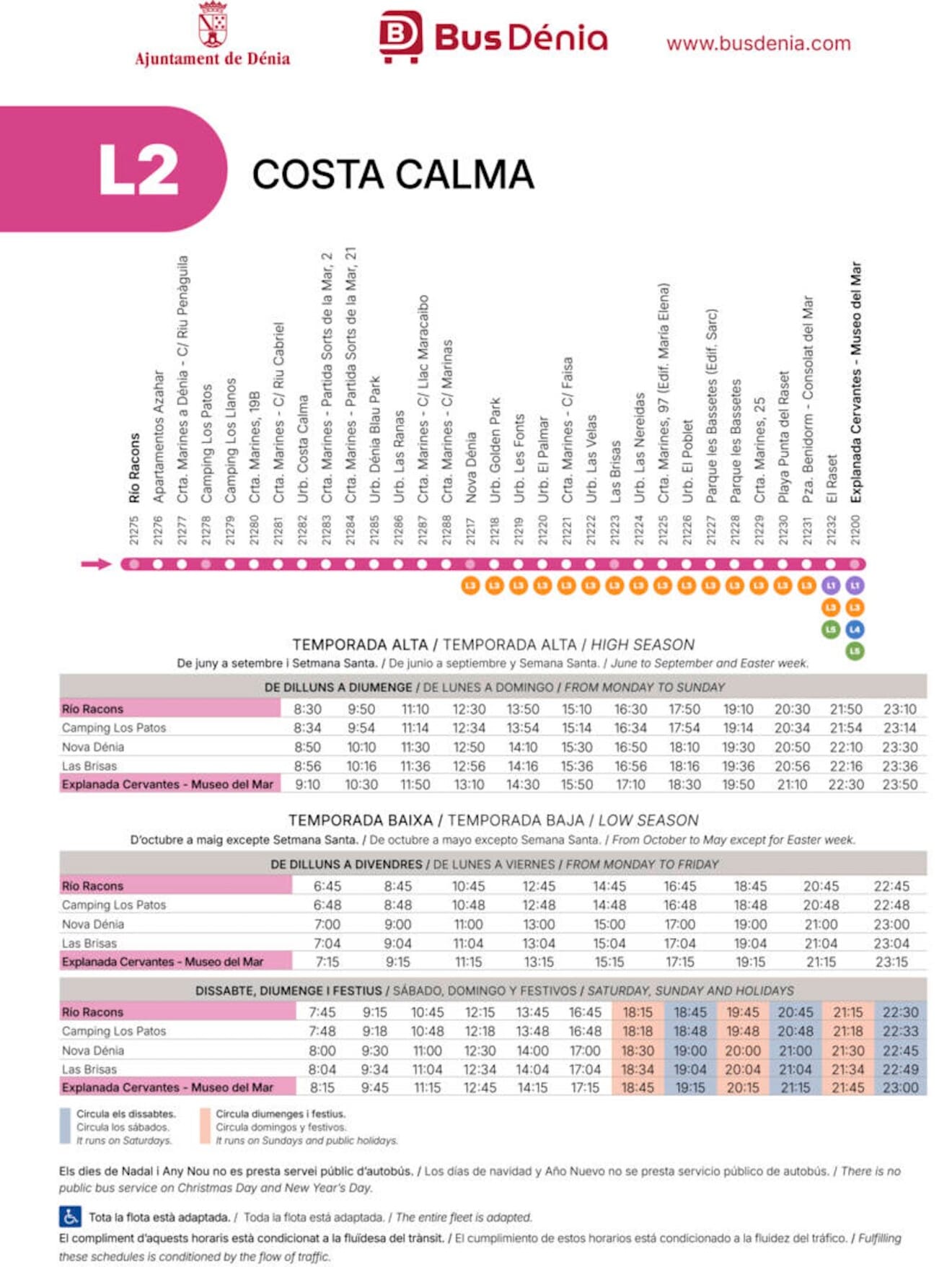Horarios y paradas de la línea L2 de autobús en Dénia, dirección centro (Río Racons a Explanada Cervantes) para temporada alta y baja