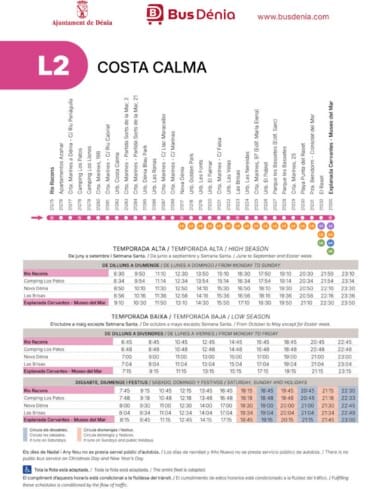 Horarios y paradas de la línea L2 de autobús en Dénia, dirección centro (Río Racons a Explanada Cervantes) para temporada alta y baja