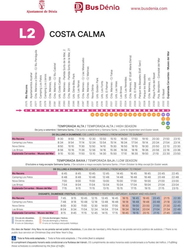 Imagen: Horarios y paradas de la línea L2 de autobús en Dénia, dirección centro (Río Racons a Explanada Cervantes) para temporada alta y baja