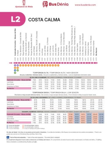 Horarios y recorrido de la línea L2 del autobús de Dénia a Costa Calma y Les Deveses, saliendo desde Explanada Cervantes
