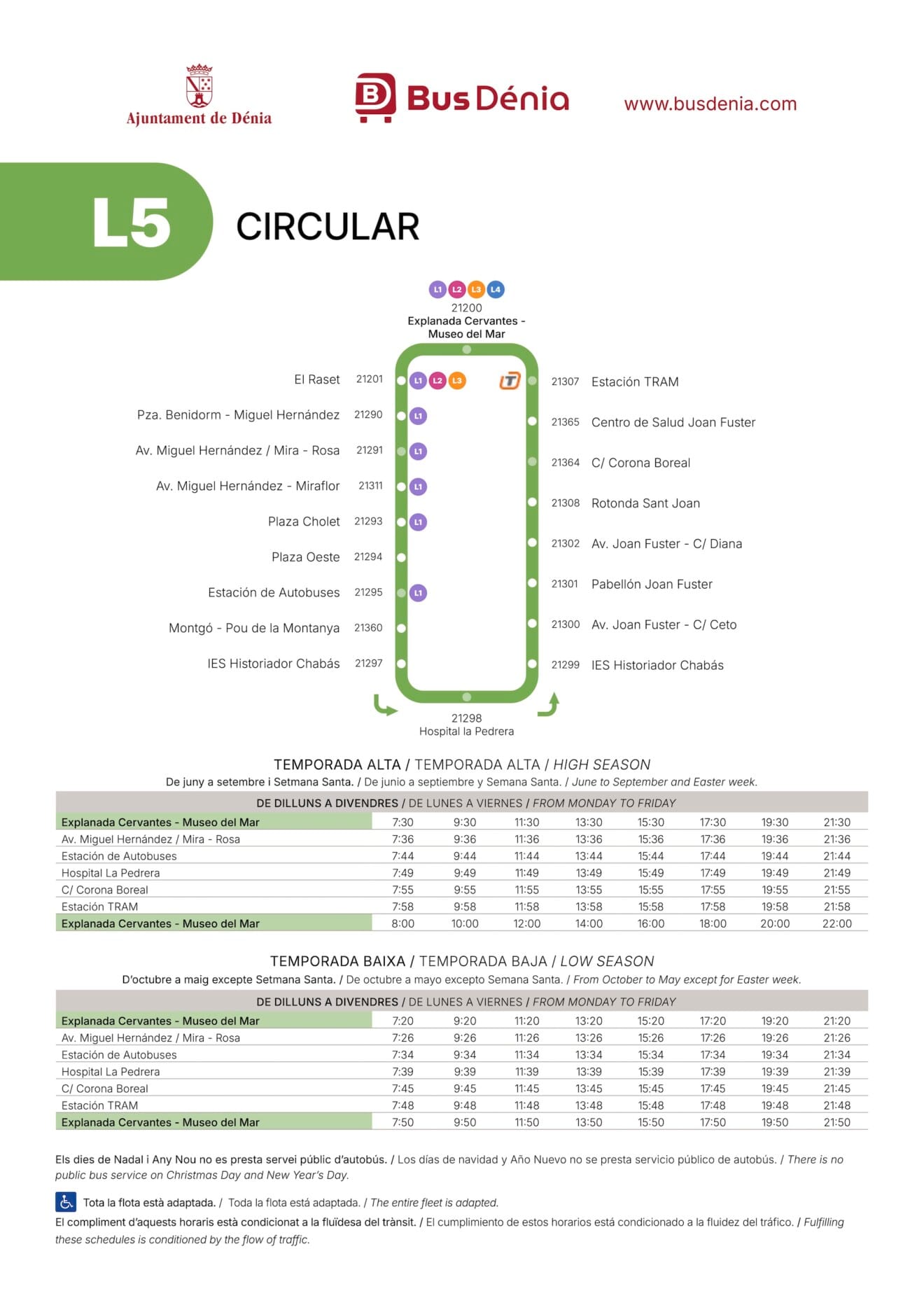 Plano de la ruta e información de horarios de la línea L5 Circular de Bus Dénia, con paradas clave en la Estación del TRAM, el Hospital La Pedrera y la Estación de Autobuses de lunes a viernes