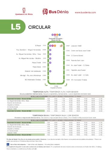 Plano de la ruta e información de horarios de la línea L5 Circular de Bus Dénia, con paradas clave en la Estación del TRAM, el Hospital La Pedrera y la Estación de Autobuses de lunes a viernes