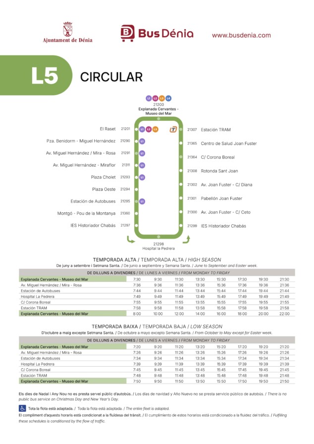 Imagen: Plano de la ruta e información de horarios de la línea L5 Circular de Bus Dénia, con paradas clave en la Estación del TRAM, el Hospital La Pedrera y la Estación de Autobuses de lunes a viernes
